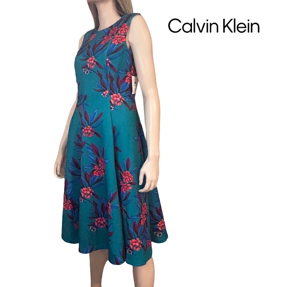 Calvin Klein Fit Flare Scuba Dress Colourful floral print Hip Pockets Full Skirt - Picture 1 of 15